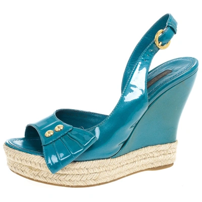 Pre-owned Louis Vuitton Blue Patent Espadrilles Slingback Wedges Size 37.5