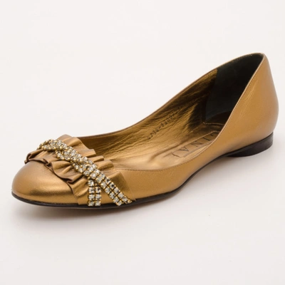 Pre-owned Gina Bronze Metallic Embellished Ballerina Flats Size 39.5 In Gold