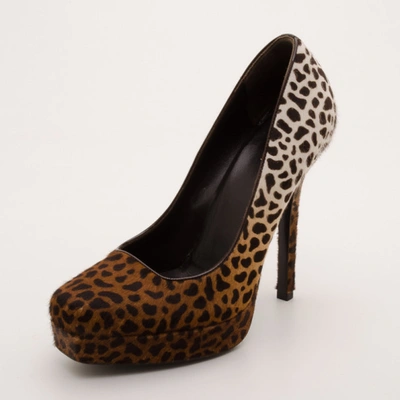 Pre-owned Gucci Leopard Print Calf-hair Platform Pumps Size 36.5 In Brown