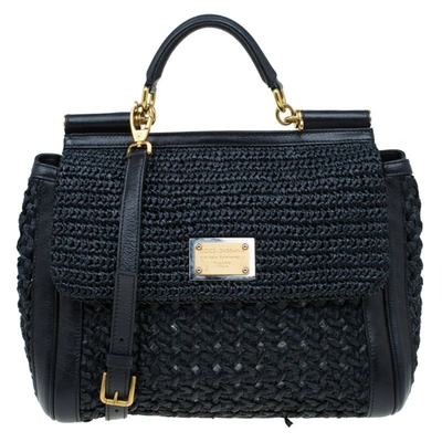 Pre-owned Dolce & Gabbana Black Woven Raffia Large Miss Sicily Top Handle Bag