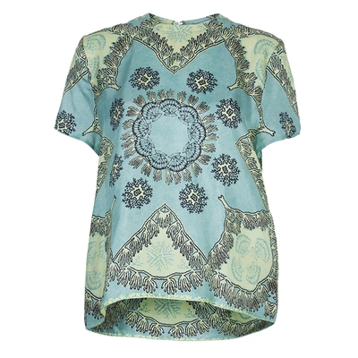 Pre-owned Valentino Mint Green Printed Short Sleeve Silk Top M