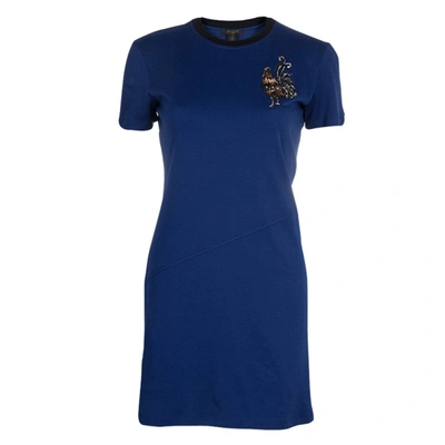 Pre-owned Louis Vuitton Blue Embroidered Motif Detail Crew Neck T-shirt Dress S