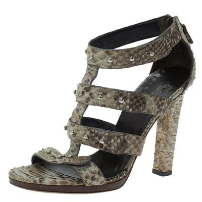 Pre-owned Gucci Two Tone Studded Python Sigourney Cage Sandals Size 37 In Green