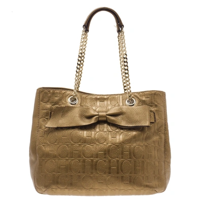 Pre-owned Carolina Herrera Gold Monogram Leather Audrey Tote Bag