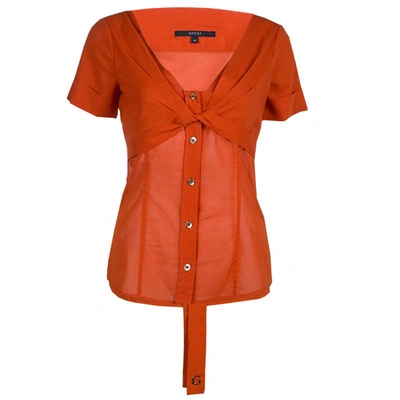 Pre-owned Gucci Orange Front Tie Detail Short Sleeve Cotton Blouse S