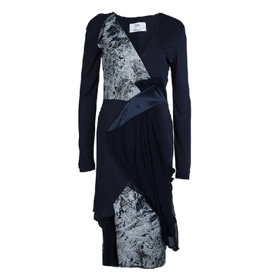 Pre-owned Prabal Gurung Navy Blue Brocade Detail Dress M