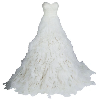Pre-owned Monique Lhuillier F/w 2014 Skye Strapless Silk Organza Wedding Dress L In White