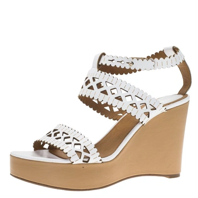 Pre-owned Chloé White Cutout Leather Platform Wedge Sandals Size 40