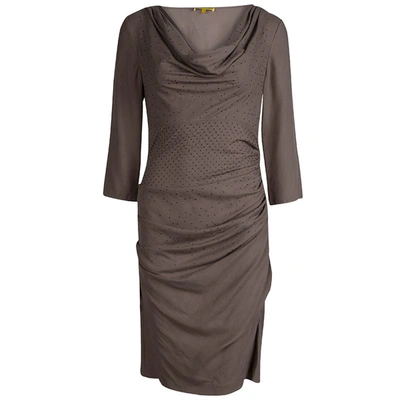 Pre-owned Catherine Malandrino Brown Silk Ruched Cowl Neck Embellished Dress S