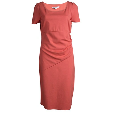 Pre-owned Diane Von Furstenberg Coral Red Stretch-cady Gathered Bevina Dress L