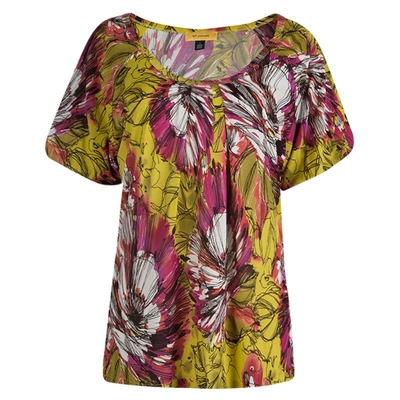 Pre-owned St. John Multicolor Floral Printed Silk Knit Short Sleeve Top L