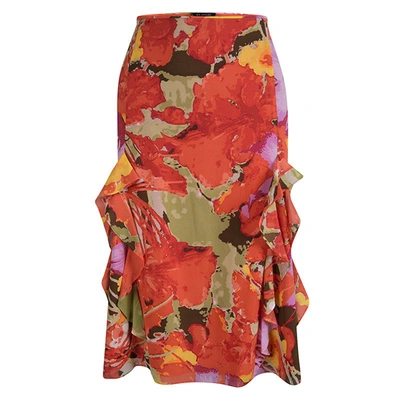 Pre-owned St John Orange Floral Printed Silk Ruffle Detail Skirt Xl