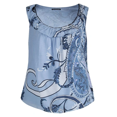 Pre-owned Elie Tahari Powder Blue Printed Cotton Ruffle Detail Sleeveless Top Xl