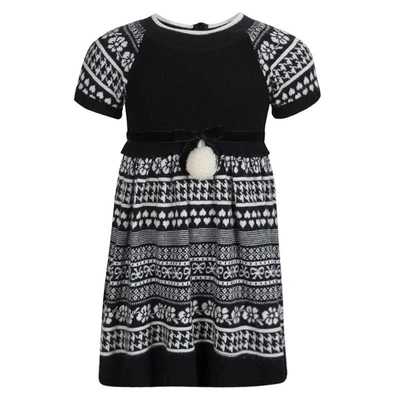 Pre-owned Monnalisa Monochrome Knit Pom-pom Detail Short Sleeve Dress 4 Yrs In Black