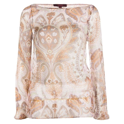 Pre-owned Kenzo Pink Paisley Printed Crinkled Silk Chiffon Long Sleeve Blouse M