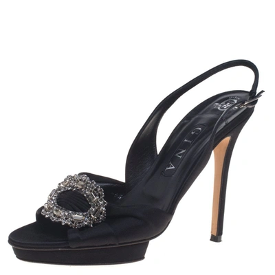 Pre-owned Gina Black Satin Brooch Embellished Slingback Sandals Size 39.5