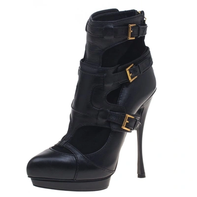 Pre-owned Alexander Mcqueen Black Leather And Suede Buckle Detail Ankle Boots Size 38