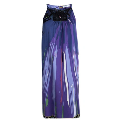 Pre-owned Emilio Pucci Purple Printed Silk Embellished Sleeveless Dress M In Multicolor