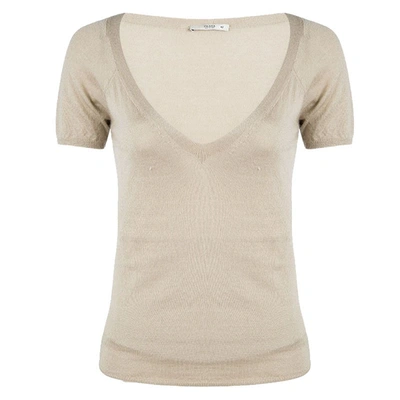 Pre-owned Prada Beige Knit V Neck Short Sleeve Sweater M