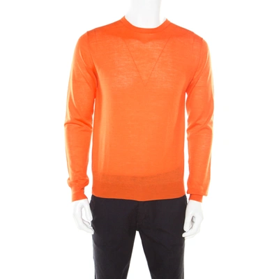 Pre-owned Prada Arancio Orange Rib Knit Crew Neck Sweater L