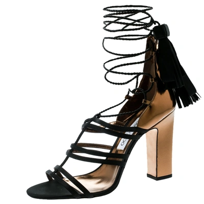 Pre-owned Jimmy Choo Black Satin And Metallic Bronze Leather Diamond Ankle Tie Up Sandals Size 40