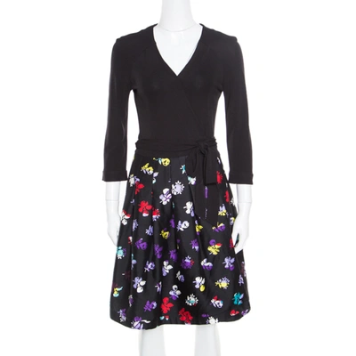Pre-owned Diane Von Furstenberg Black Floral Printed Wool And Silk Jewel Wrap Dress M