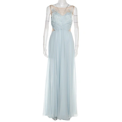 Pre-owned Marchesa Notte Blue Embellished Embroidered Silk Sheer Panel Detail Gown L