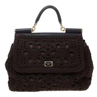Pre-owned Dolce & Gabbana Brown Crochet Fabric Large Miss Sicily Top Handle Bag