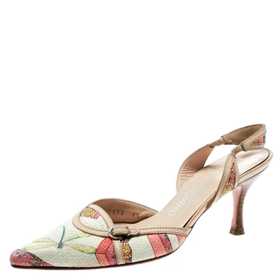 Pre-owned Ferragamo Multicolor Printed Canvas And Leather Trim Pointed Toe Slingback Sandals Size 37