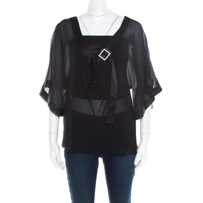 Pre-owned Emporio Armani Black Sheer Silk Embellished Satin Trim Blouse L