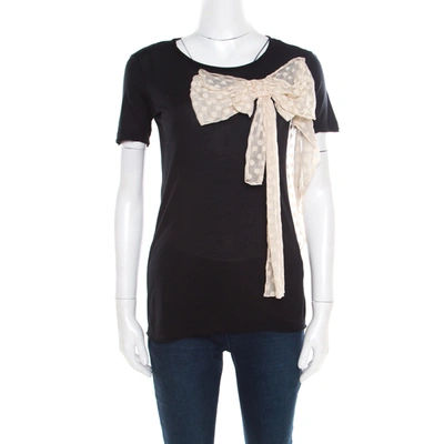 Pre-owned Red Valentino Black Jersey Contrast Bow Detail Raw Edged Top Xs
