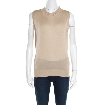 Pre-owned Dior Christian  Beige Silk And Merino Blend High Collar Sleeveless Beaded Top L