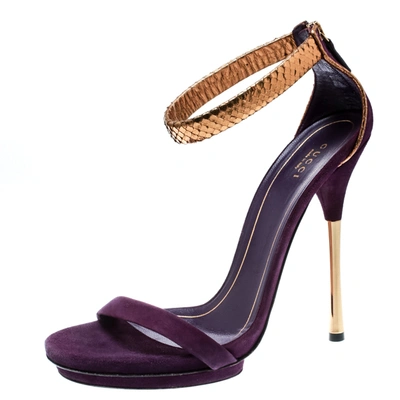 Pre-owned Gucci Purple Suede And Metallic Python Kelis Ankle Strap Sandals Size 41