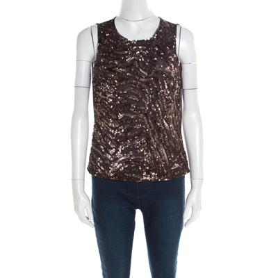 Pre-owned Escada Brown Sequin Embellished Nylon Mesh Sleeveless Top L