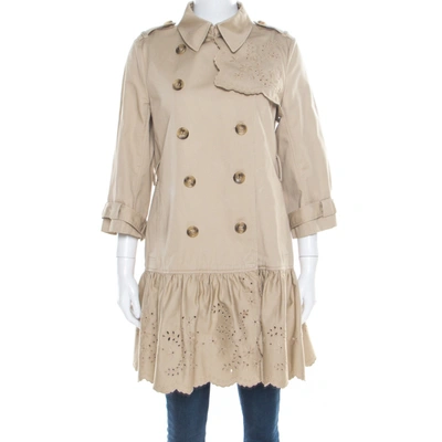 Pre-owned Red Valentino Beige Cotton Twill Eyelet Embroidered Ruffled Double Breasted Coat M