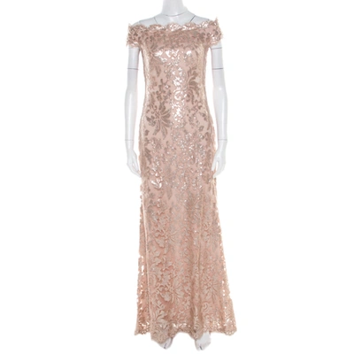 Pre-owned Tadashi Shoji Blush Pink Sequined Off Shoulder Evening Gown S In Gold