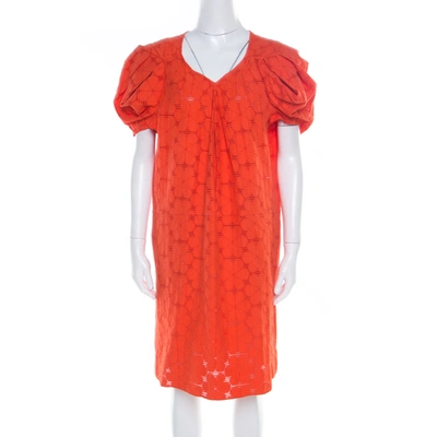 Pre-owned Marni Tangerine Floral Cotton Lace Shift Dress S In Orange
