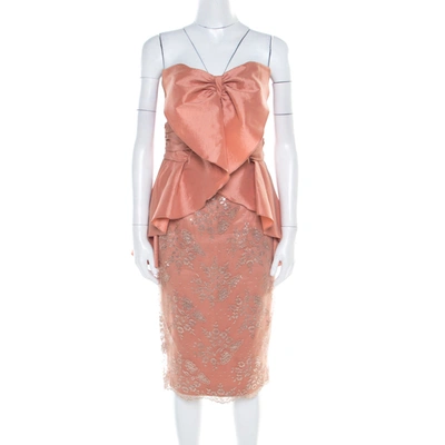 Pre-owned Badgley Mischka Collection Copper Metallic Lace Overlay Strapless Kimono Dress L In Brown