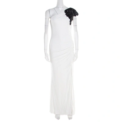 Pre-owned Badgley Mischka Collection White Ruched Knit Contrast Embellished One Shoulder Gown L