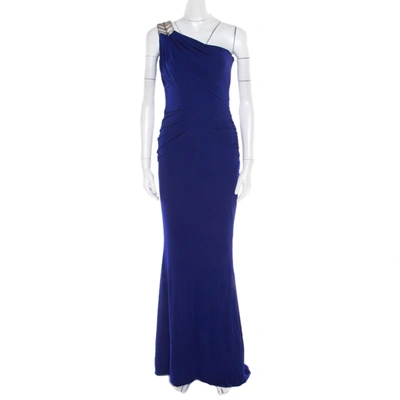 Pre-owned Badgley Mischka Collection Blue Knit Embellished One Shoulder Gown S