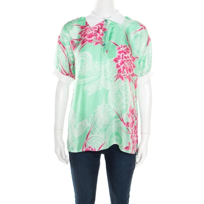 Pre-owned Etro Mint Green And Pink Floral Printed Silk Polo T-shirt M