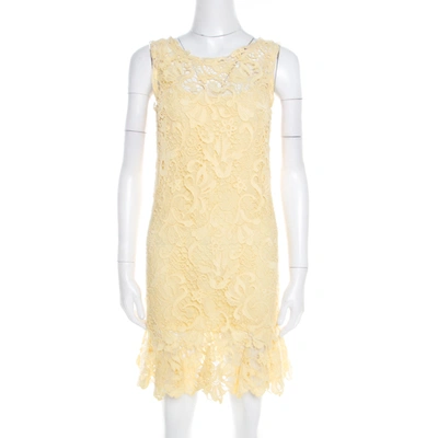 Pre-owned Ermanno Scervino Yellow Guipure Lace Sleeveless Flounce Dress S