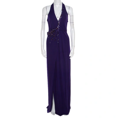 Pre-owned Blumarine Purple Embellished Draped Halter Gown S