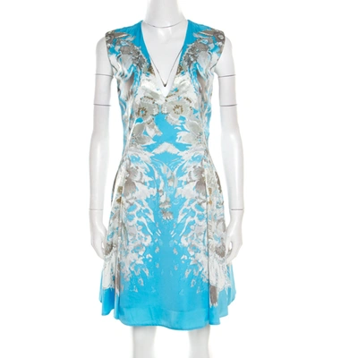 Pre-owned Roberto Cavalli Blue Floral Printed Satin Sleeveless Flared Dress S