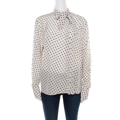 Pre-owned Bottega Veneta Mist White And Black Polka Dotted Silk Neck Tie Detail Blouse M