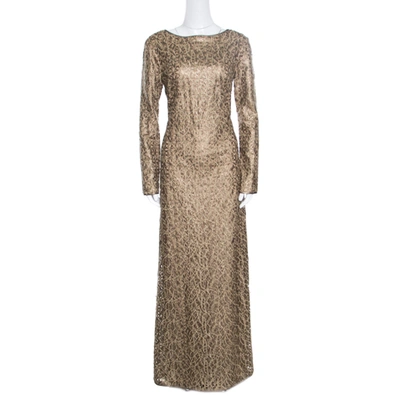 Pre-owned Tadashi Shoji Gold Laser Cut Embroidered Leatherette Long Sleeve Boat Neck Gown M