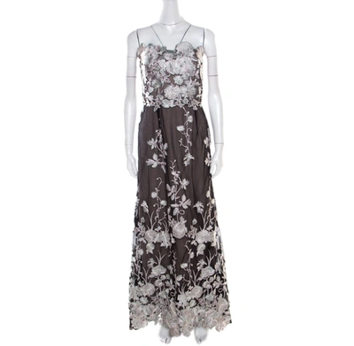Pre-owned Notte By Marchesa Notte By Marches Black Floral Embroidered Tulle Sequined Strapless Gown L