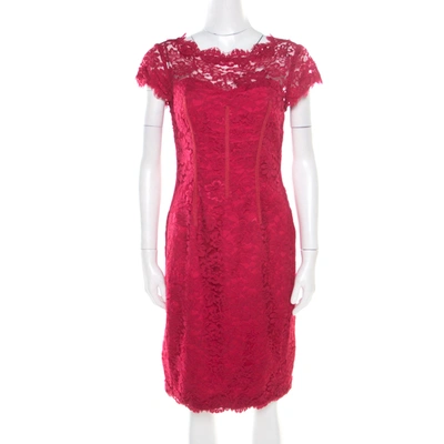 Pre-owned Monique Lhuillier ml By  Pink Floral Lace Scalloped Trim Cut Out Back Detail Dress M