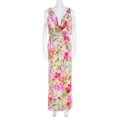 Pre-owned Blumarine Multicolor Floral Printed Silk Jersey Draped Sleeveless Maxi Dress S