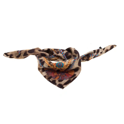 Pre-owned Dolce & Gabbana Brown Leopard And Tassel Print Silk Square Scarf